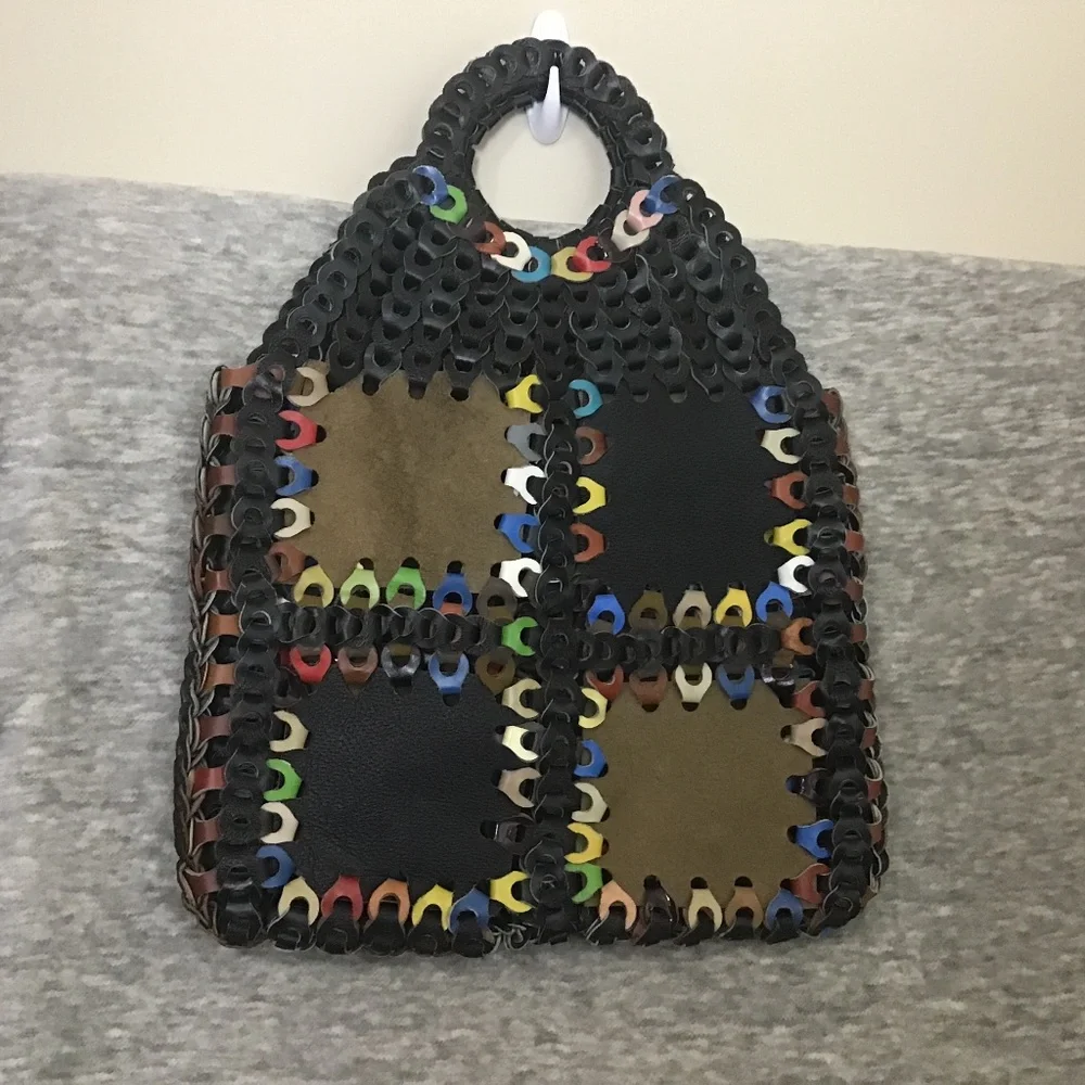 Vintage 1970’s large Leather Patchwork Carry All Tote Handbag Hippiecore Boho
