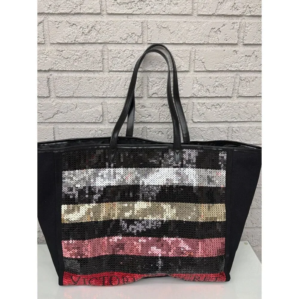 Victoria’s Secret Multicolored Sequin Striped Carryon Large Canvas Tote  Bag