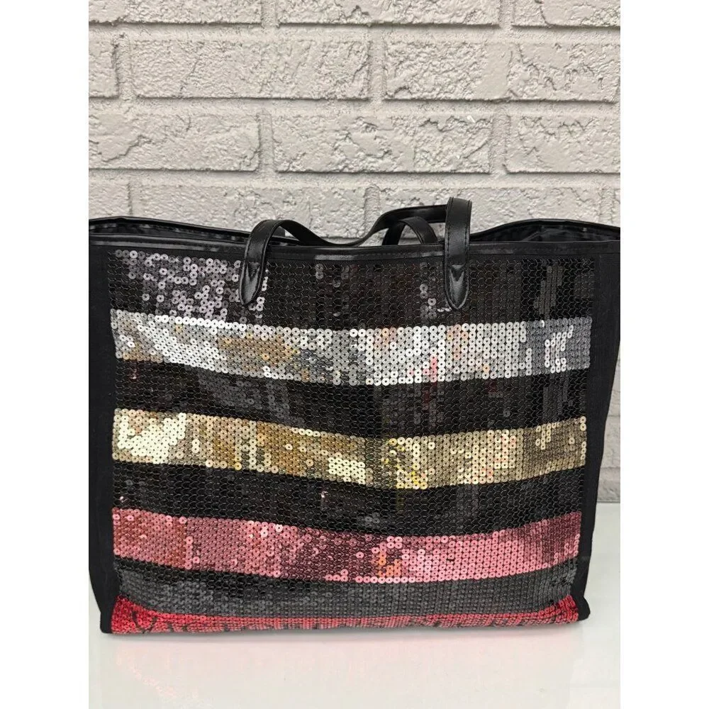 Victoria’s Secret Multicolored Sequin Striped Carryon Large Canvas Tote  Bag
