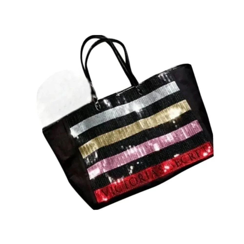 Victoria’s Secret Multicolored Sequin Striped Carryon Large Canvas Tote  Bag