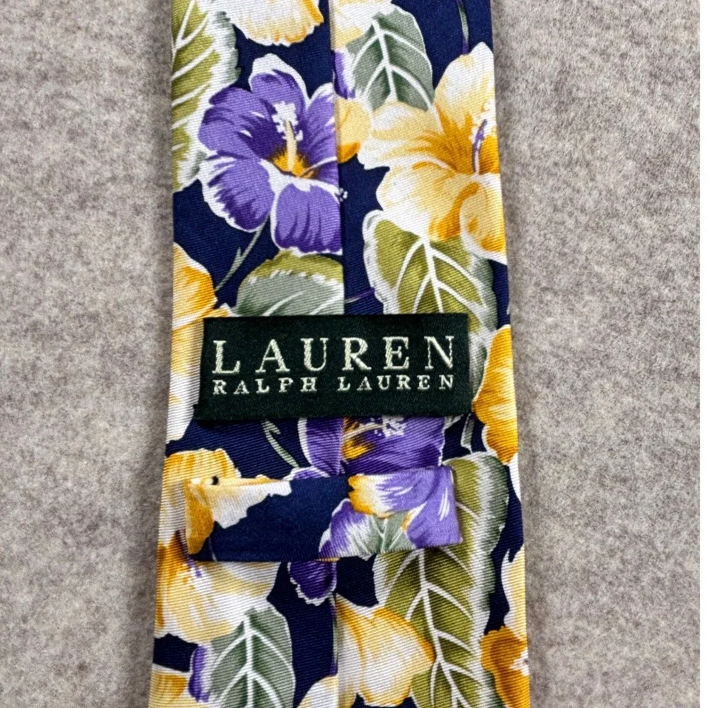 Lauren Ralph Lauren Mens Silk Tie Navy Purple Yellow Tropical Floral Hibiscus