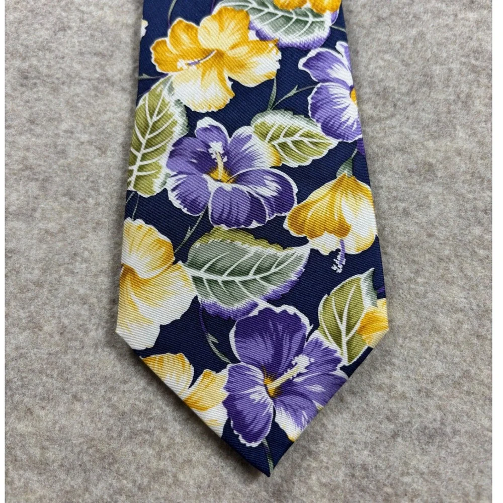 Lauren Ralph Lauren Mens Silk Tie Navy Purple Yellow Tropical Floral Hibiscus