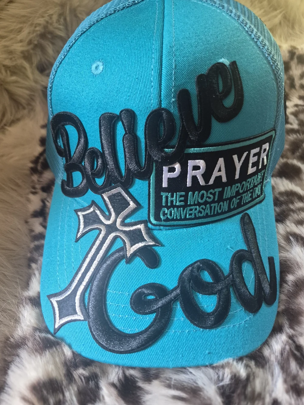 Believe in God Trucker Cap - Turquoise with Black and Silver Embroidery