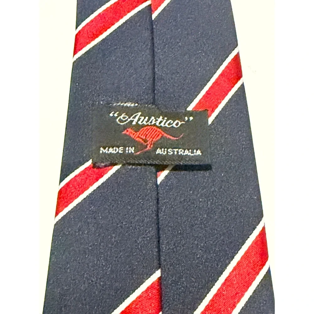 Austico Necktie Navy Blue Red Striped Australian Flag Crest Preppy Tie