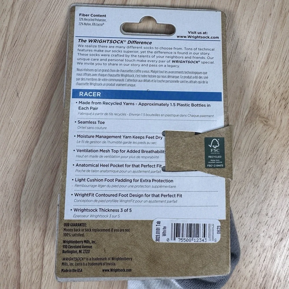 Wrightsock Racer Large M 8.5-12 W 9.5-11 White Grey Single Layer Cushion 3 Pack