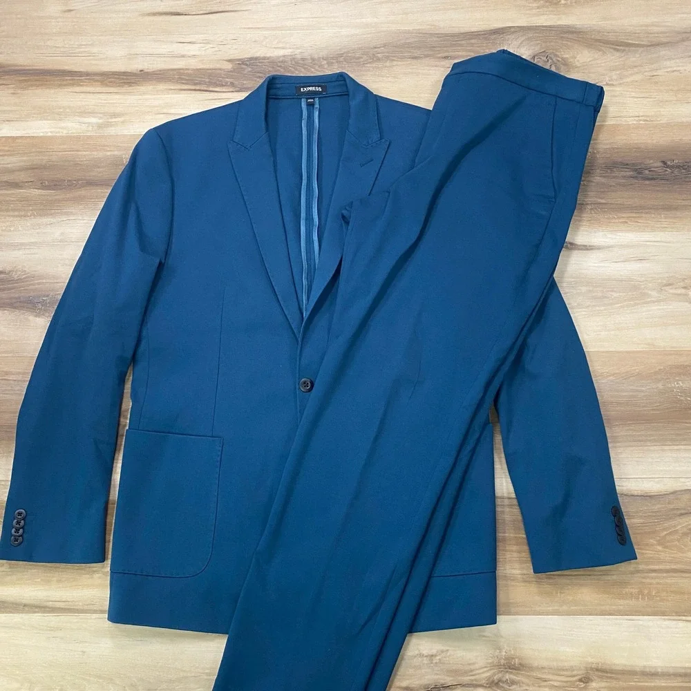 Express Suit 42L 34W Slim Fit 2-Piece Cotton Blend Stretch Teal Blue Modern