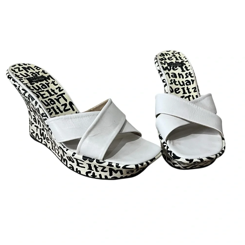 STUART WEITZMAN NEW BLACK & WHITE LEATHER‎ GRAFFITI PRINT LOGO SANDAL WEDGE 9.5
