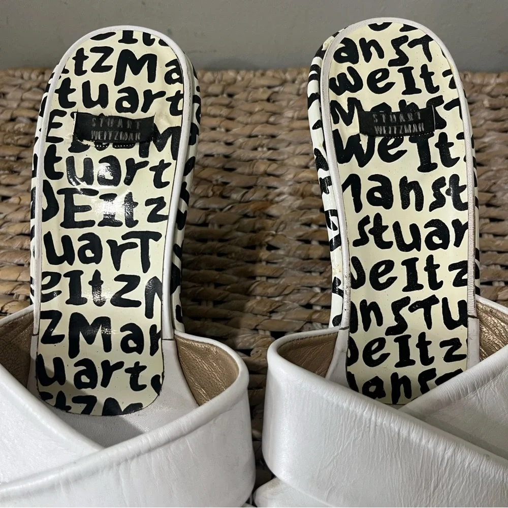 STUART WEITZMAN NEW BLACK & WHITE LEATHER‎ GRAFFITI PRINT LOGO SANDAL WEDGE 9.5