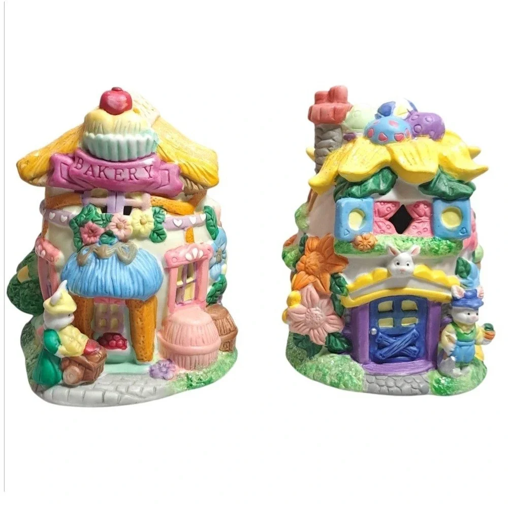 Set of 2 Hoppy‎ Hollow 2002 Easter Village Bakery Decor Multicolor Ceramic