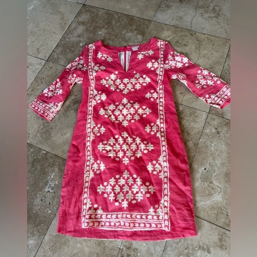 J.Crew coral pink/peach and beige, batik print, tunic style shift dress 2
