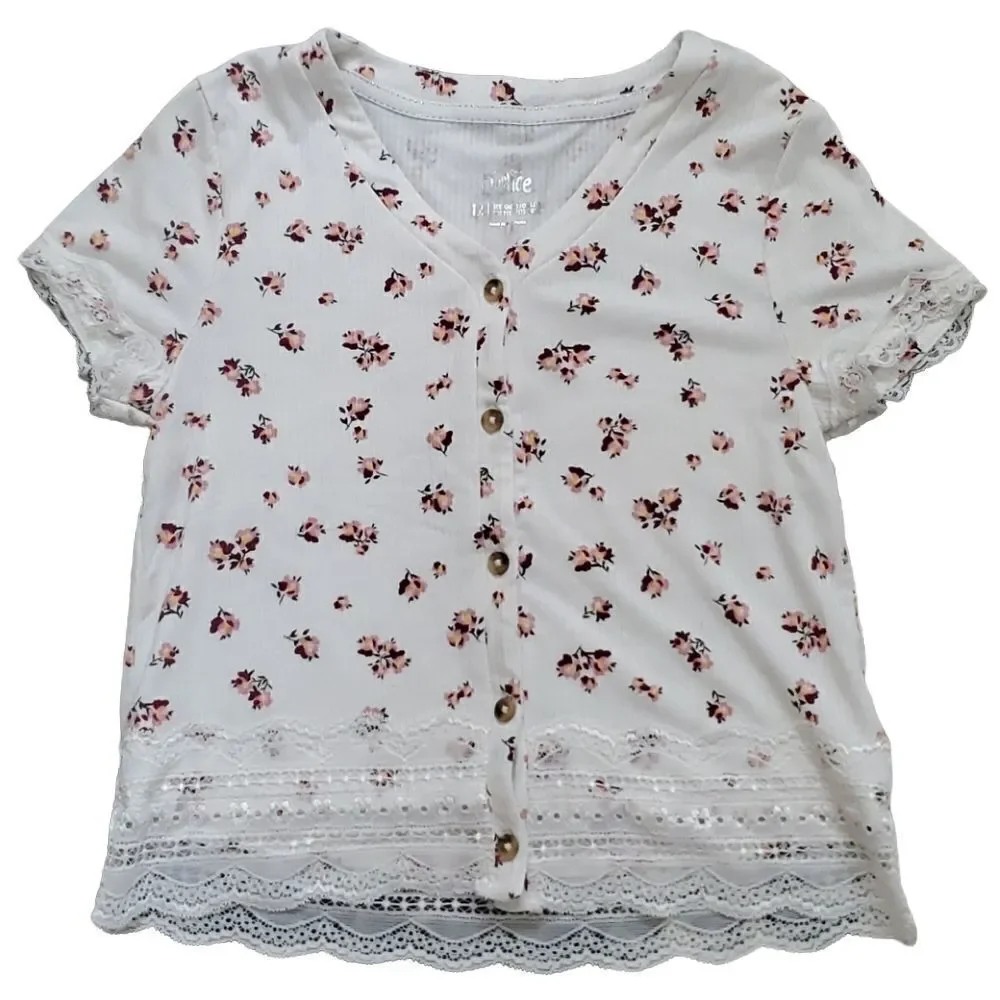Justice Girls Size 12 Floral Lace Edged Short Sleeve Top