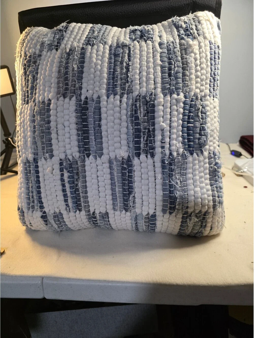Blue & White Chindi Woven Throw Pillow 19.5x18.5 Boho Farmhouse Denim Look