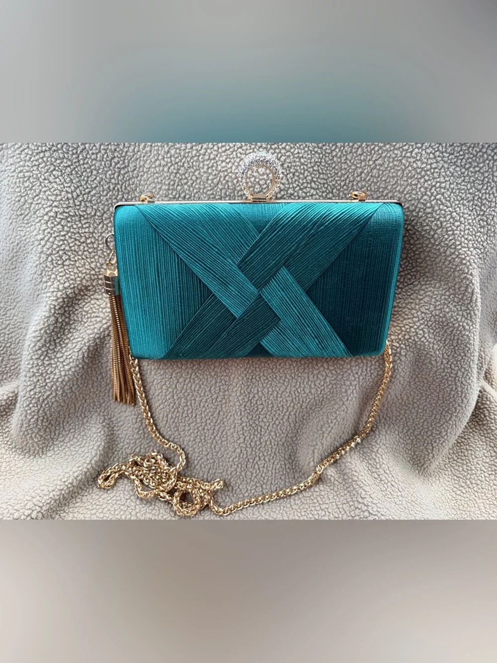 Satin Teal Evening Clutch with Gold Chain Strap