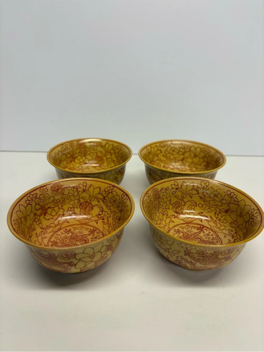 Set Of 4 Chinese Yellow Glazed Porcelain Bowls Dragon Motif
