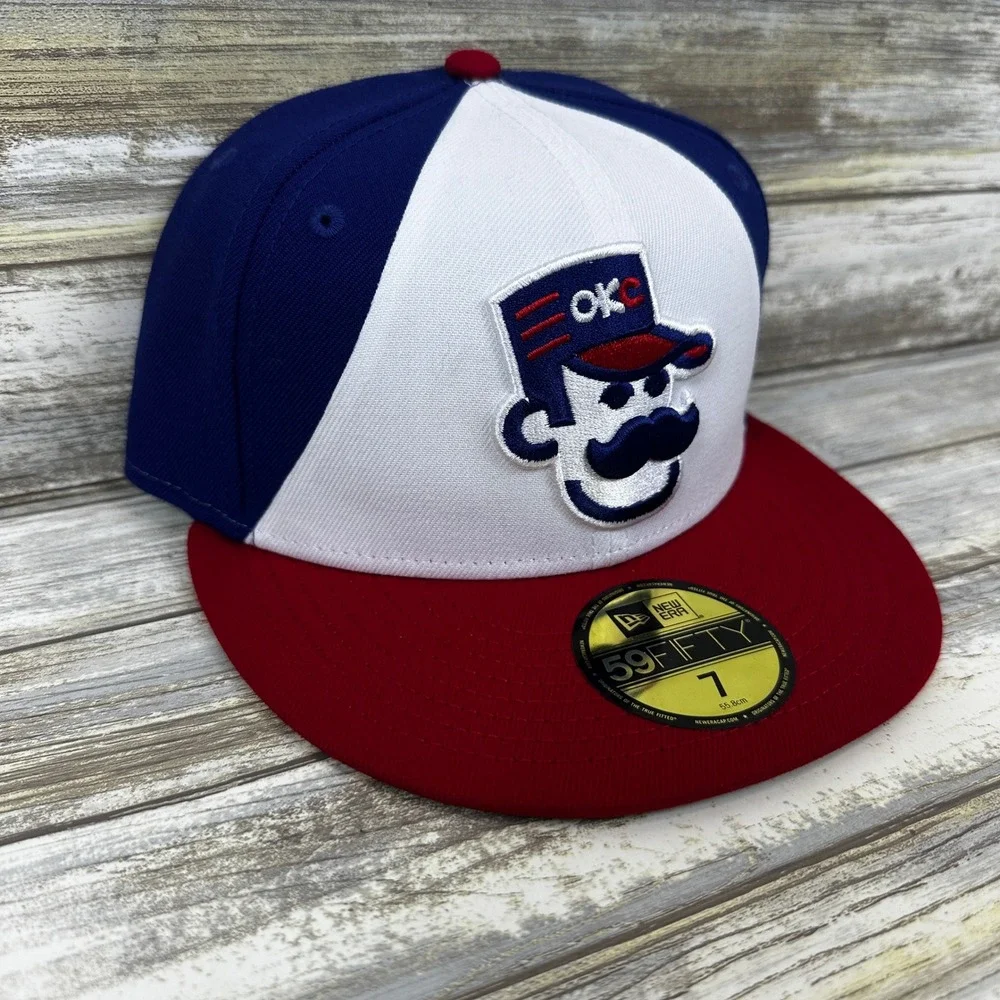 OKC 89ers Abner‎ New Era 59FIFTY MiLB Mens Fitted Hat Size 7 Red White Blue NEW