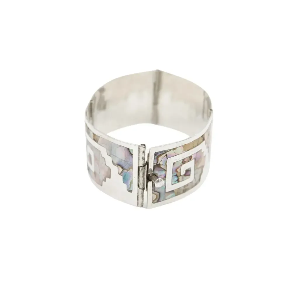 Vintage Sterling Silver Greek Key Abalone Cuff Bracelet, Mexico