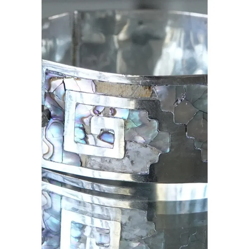 Vintage Sterling Silver Greek Key Abalone Cuff Bracelet, Mexico