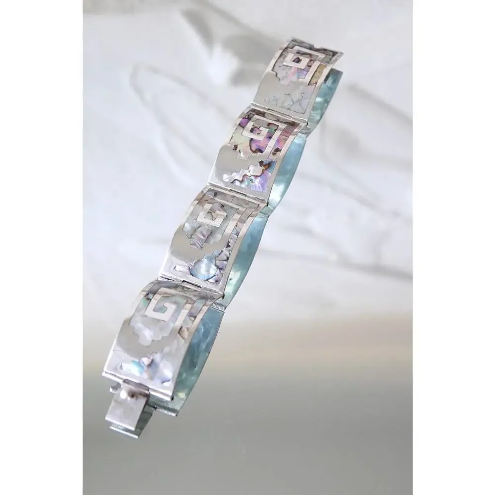 Vintage Sterling Silver Greek Key Abalone Cuff Bracelet, Mexico