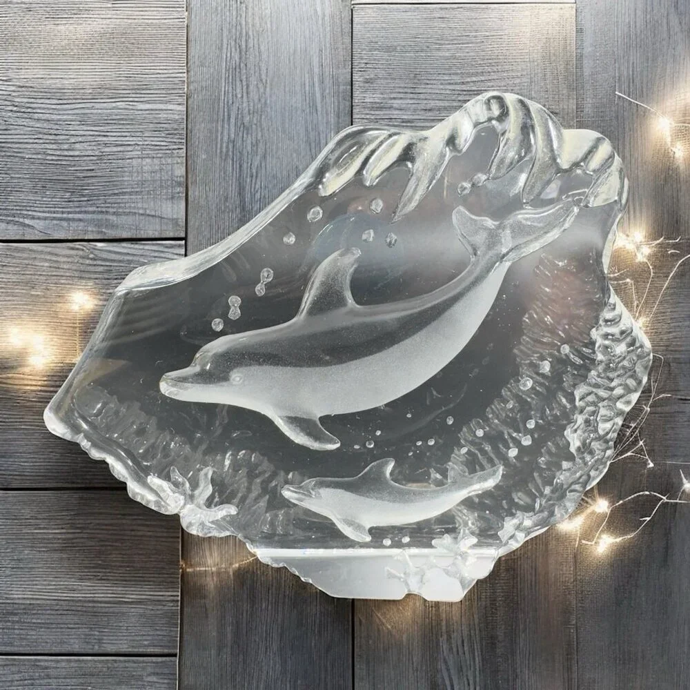 Vintage Clear Crystal Glass Plaque‎ Paperweight Dolphins Figurine Decorative VTG