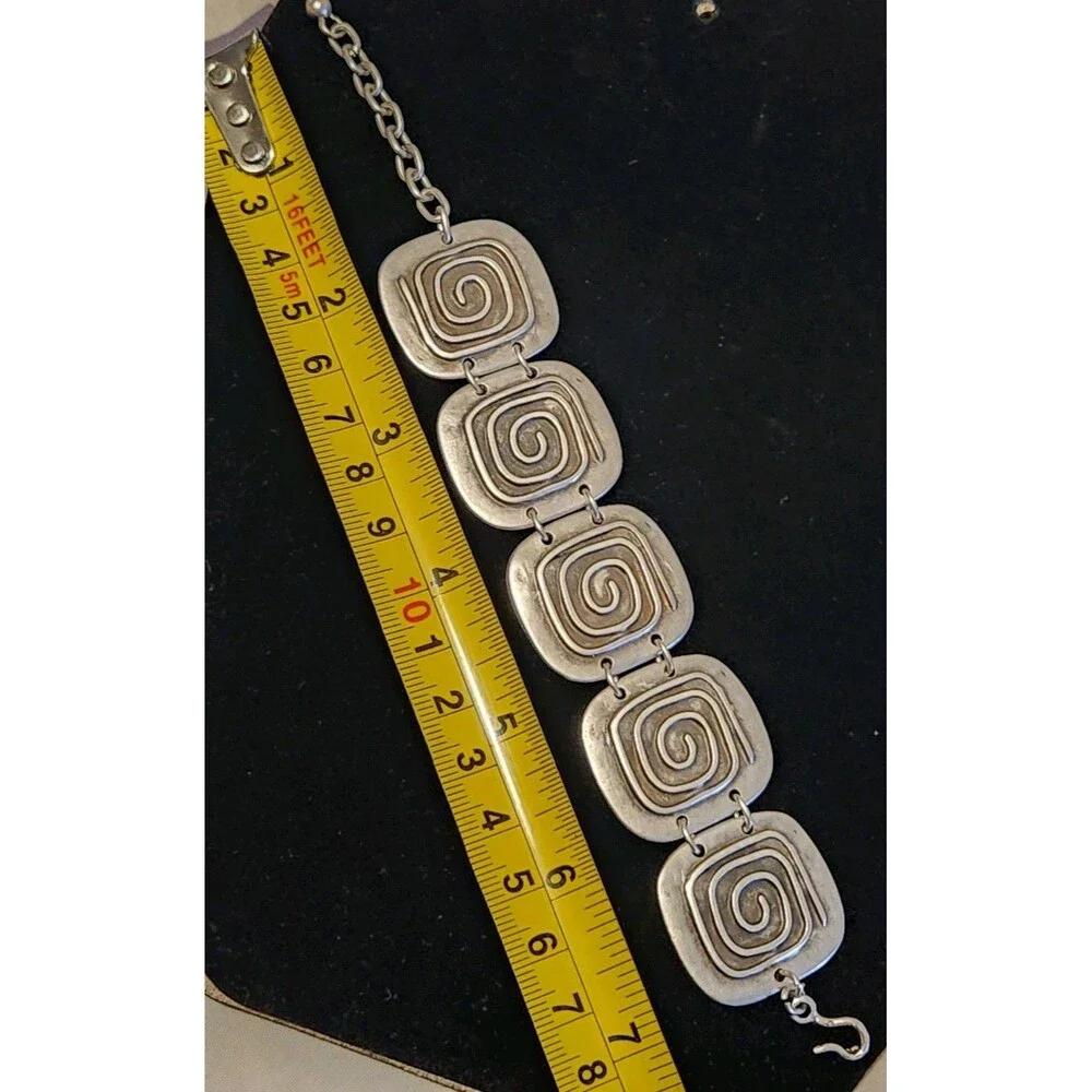 Silver Tone Spiral Panel Bracelet Art Deco Style Link Statement 7”
