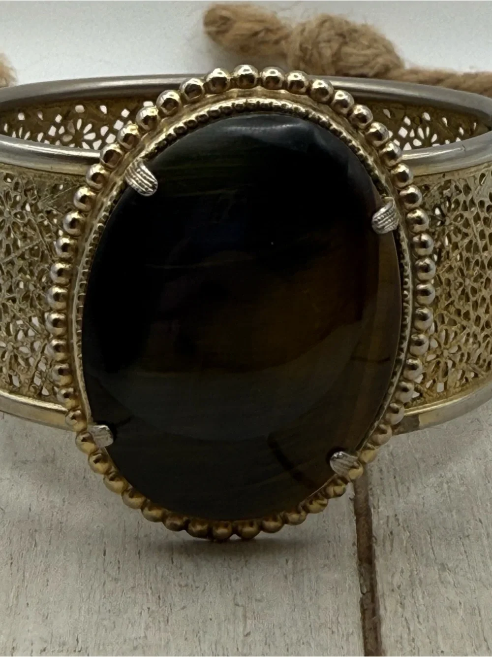 Large Gold Filigree Cuff Bracelet with Large Brown tiger eye Stone