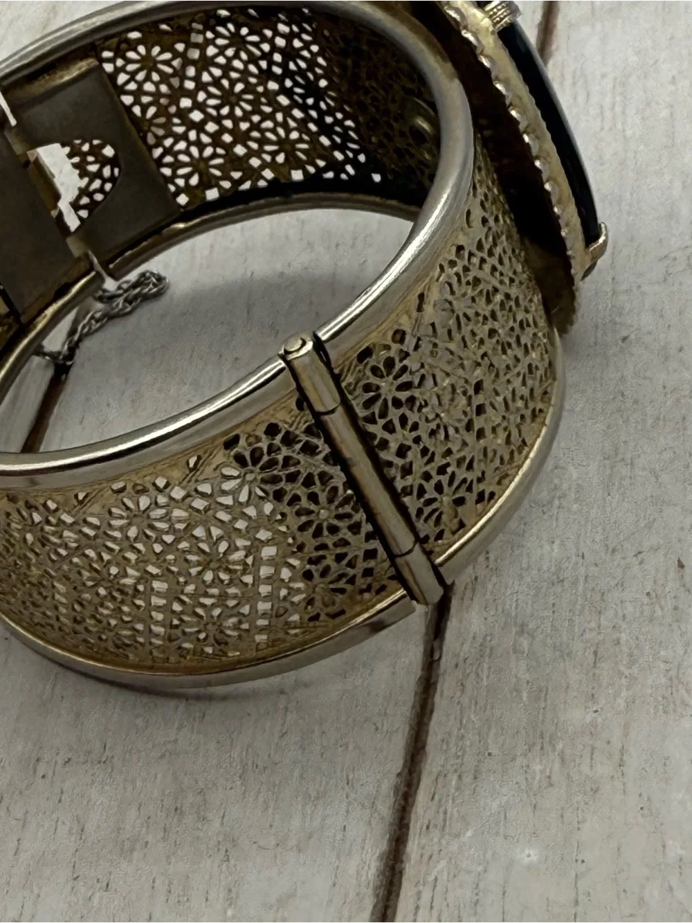 Large Gold Filigree Cuff Bracelet with Large Brown tiger eye Stone