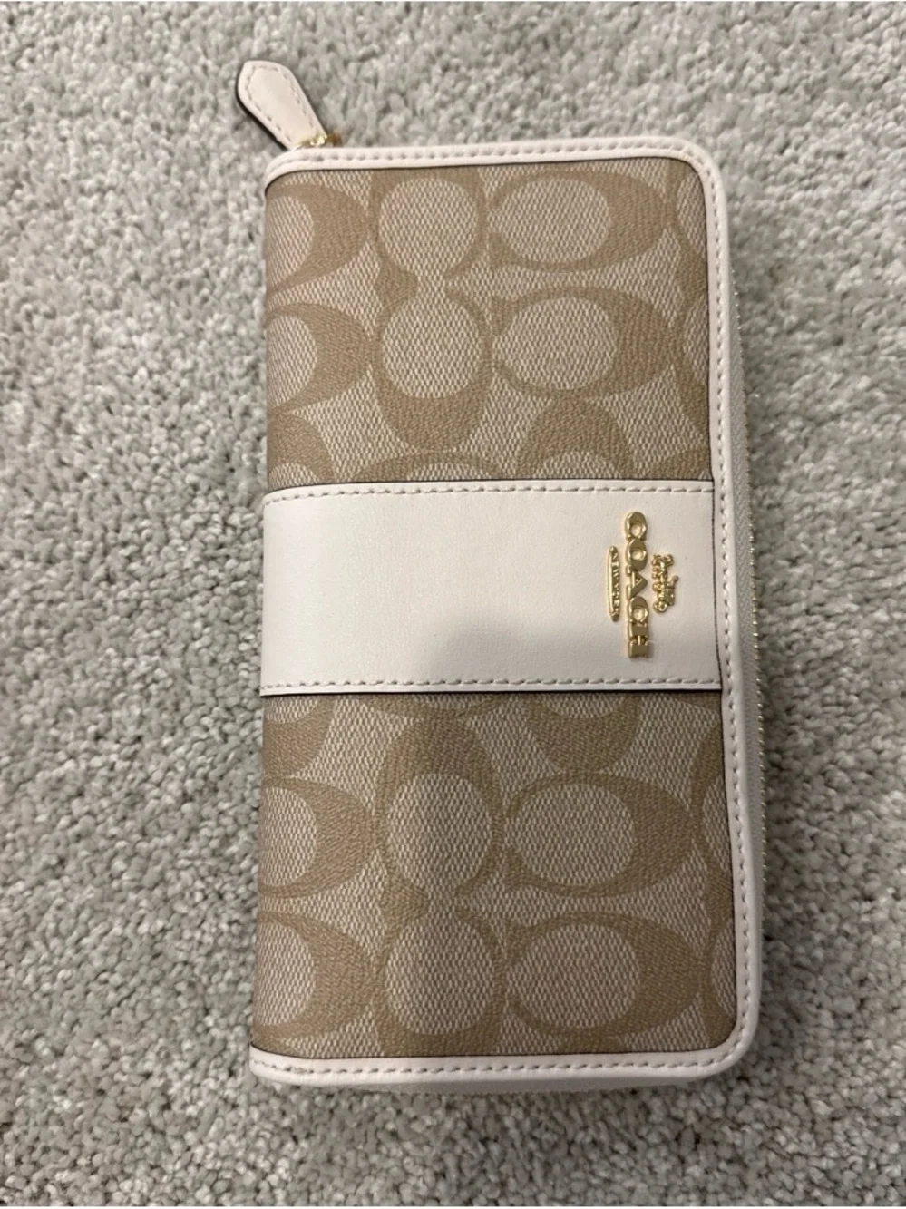 Coach Tan Signature Canvas Zip Wallet with Cream Leather Accent