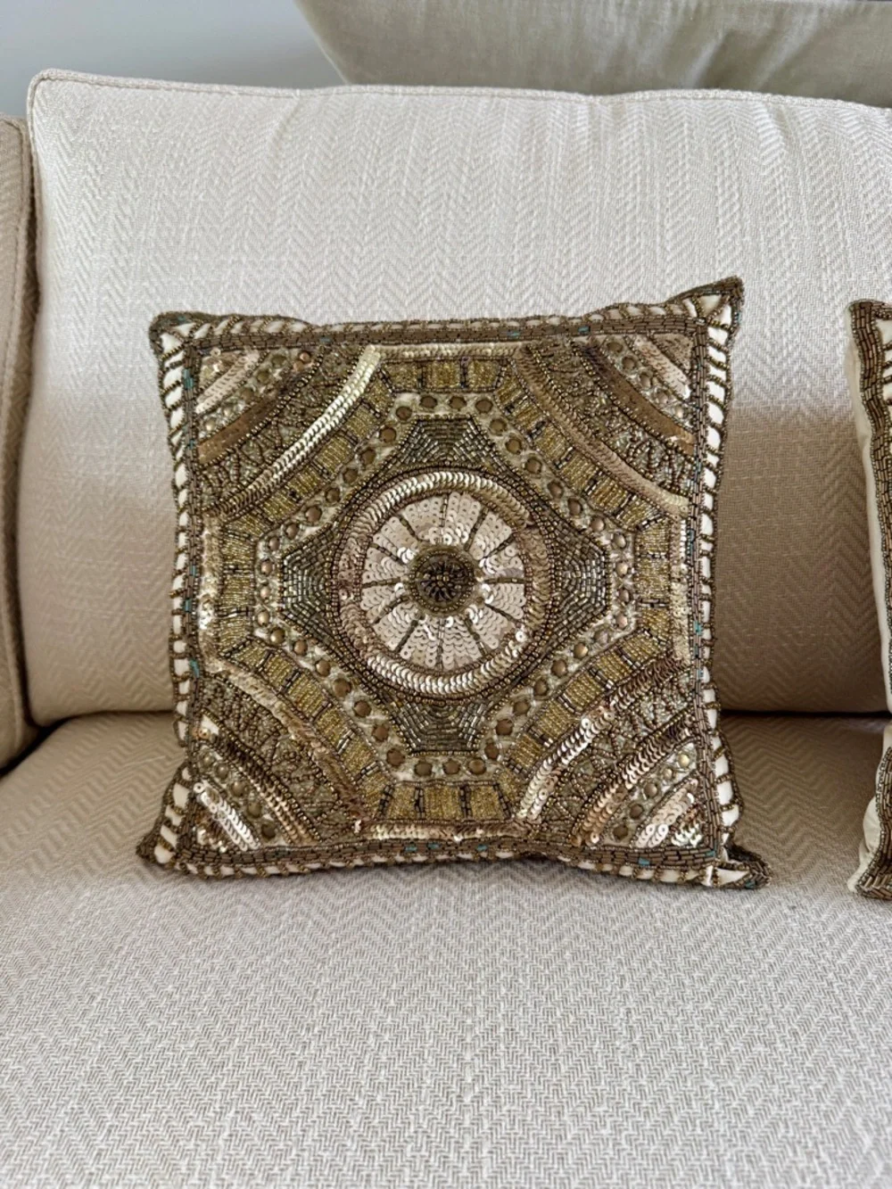Pier 1 Gold and Brown Beaded Accent Pillows - Pair