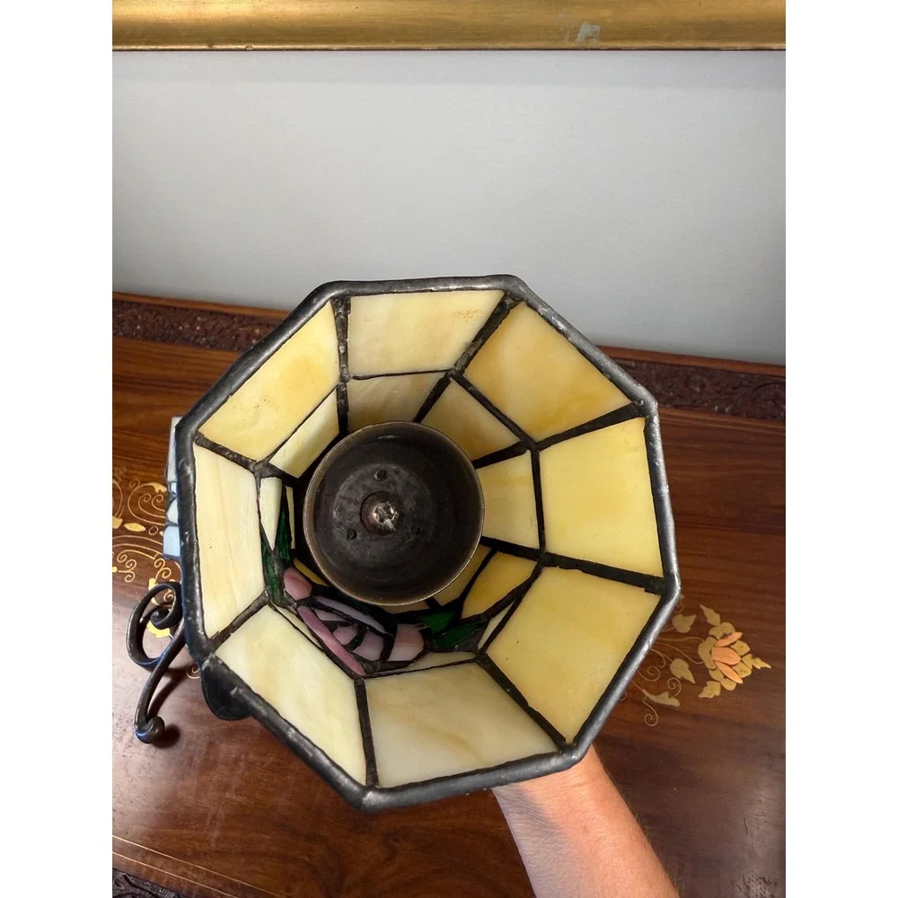 Vintage Stained Glass Rose Wall Sconces Pair Votive Candle Holders Tiffany Style