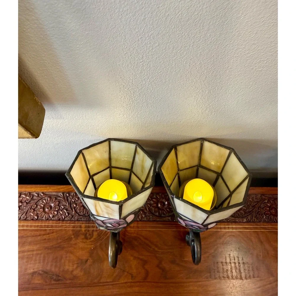 Vintage Stained Glass Rose Wall Sconces Pair Votive Candle Holders Tiffany Style