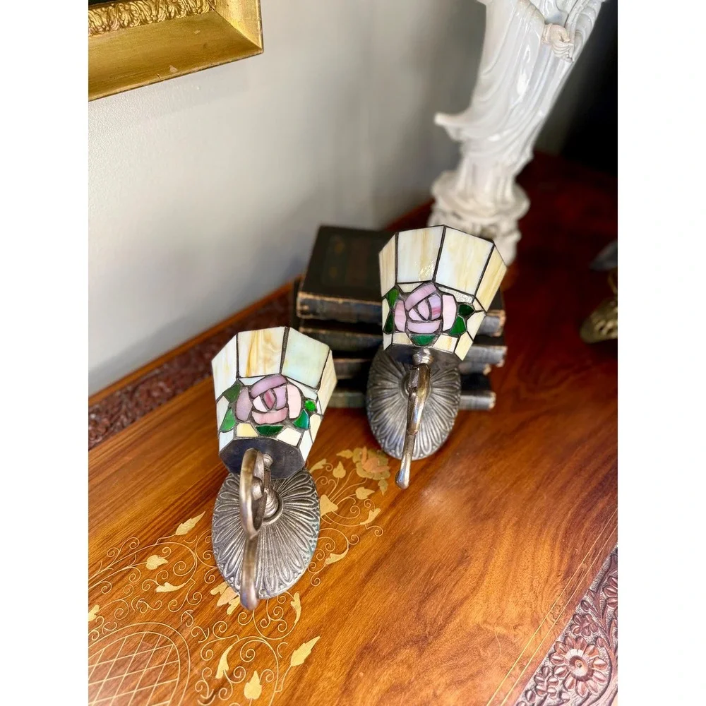 Vintage Stained Glass Rose Wall Sconces Pair Votive Candle Holders Tiffany Style