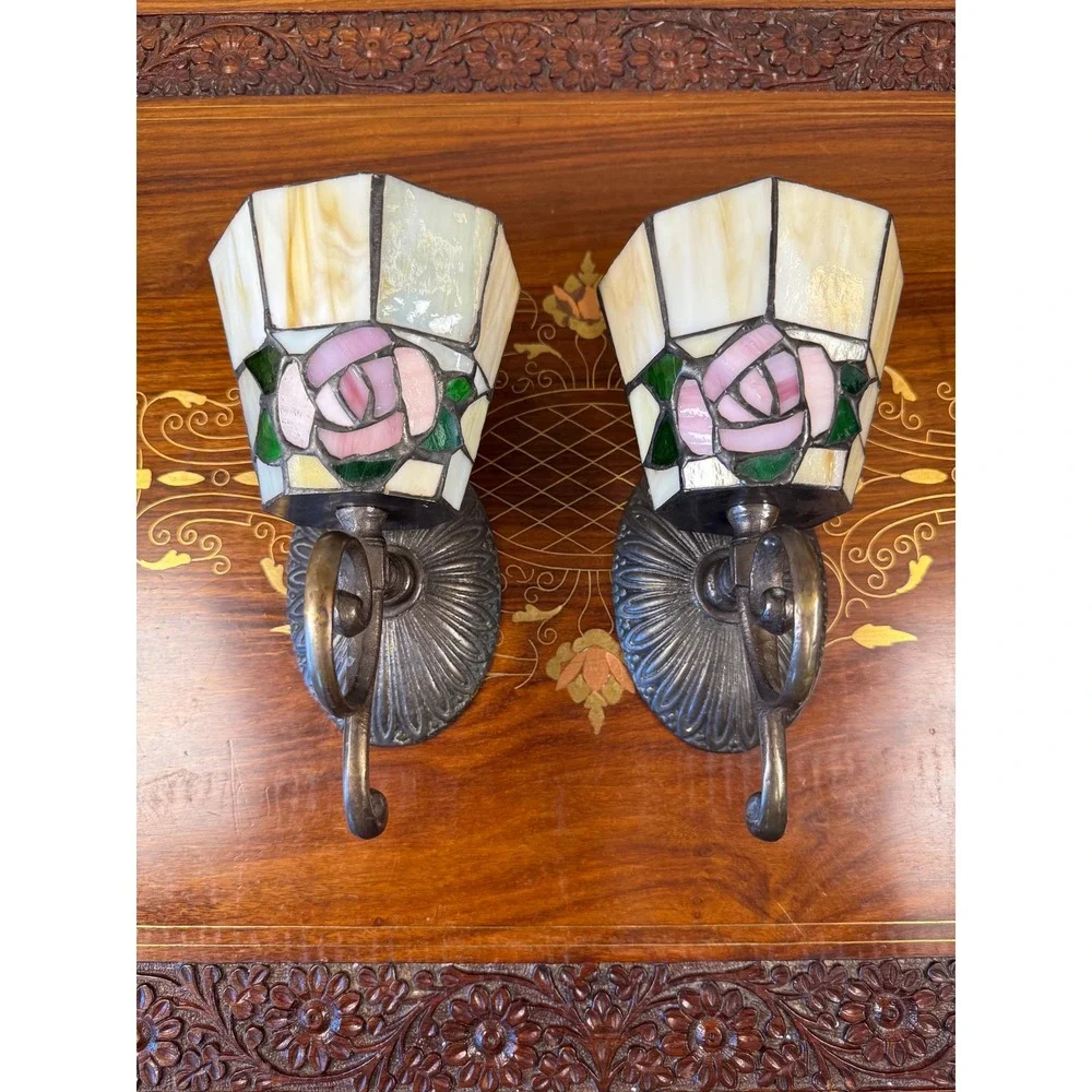 Vintage Stained Glass Rose Wall Sconces Pair Votive Candle Holders Tiffany Style