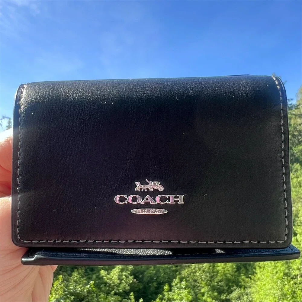 COACH Black/Charcoal Signature Canvas Trifold Micro Wallet Silver Hardware NWT