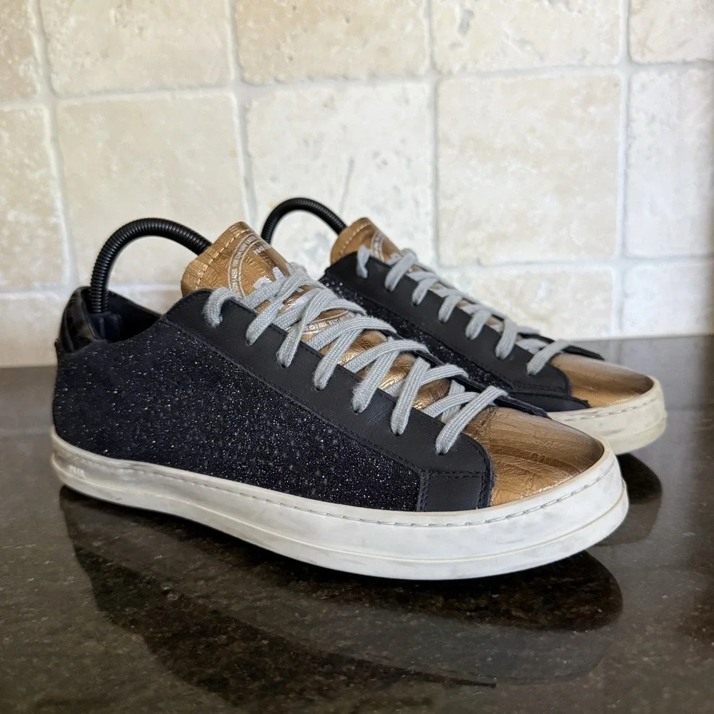 P448 John Glitter Black and Gold Low Top Sneakers EU 40 US 10 Made In Italy