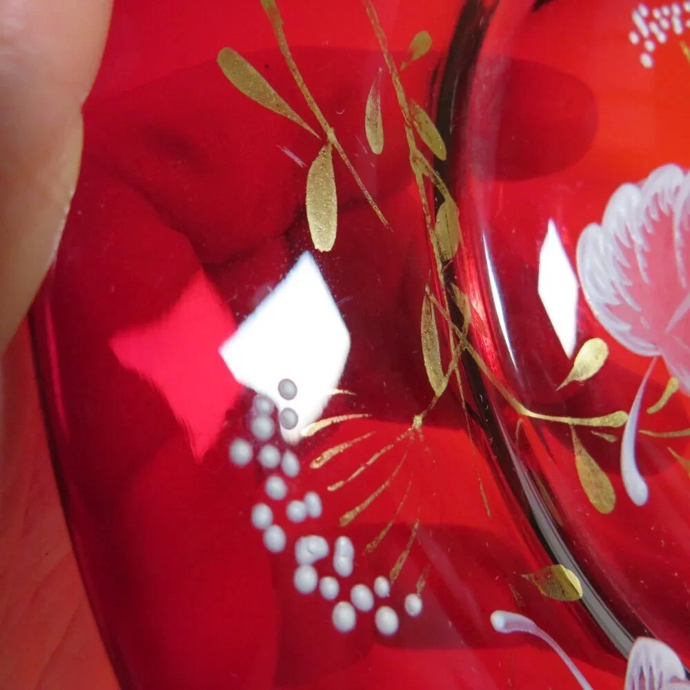 Ruby Red Thick Glass Plate with White Leaves & Gold Accents