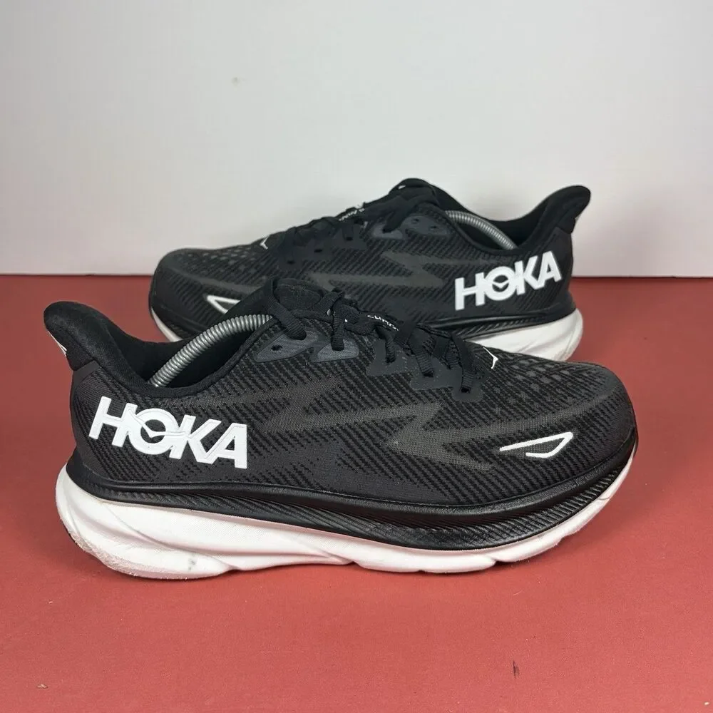 Hoka One One Clifton 9 Shoes Womens Size 9.5 Black Running Sneakers 1127896 BWHT