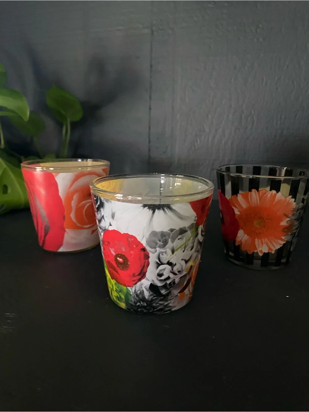 Floral Glass Votive Candle Holder - Red Floral Design