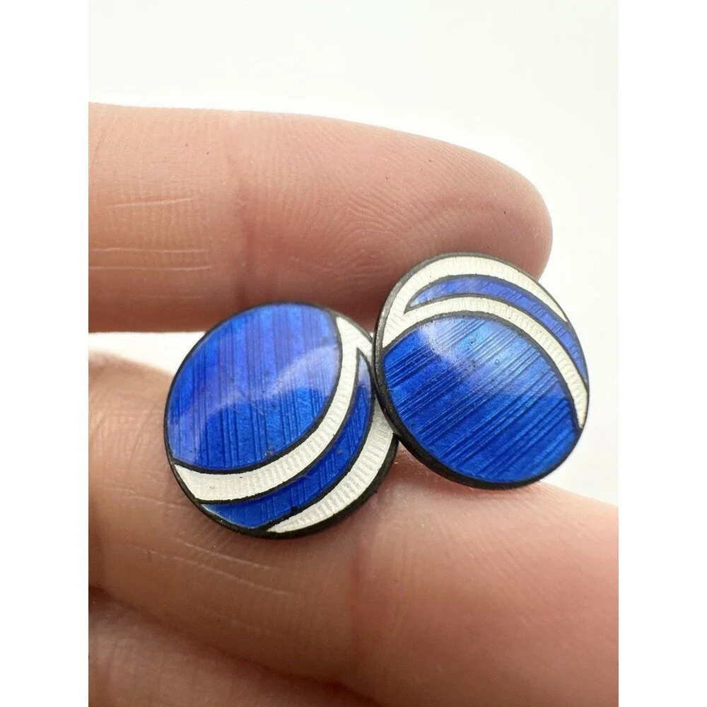 Single Vintage Sterling Silver Blue Enamel Cufflink