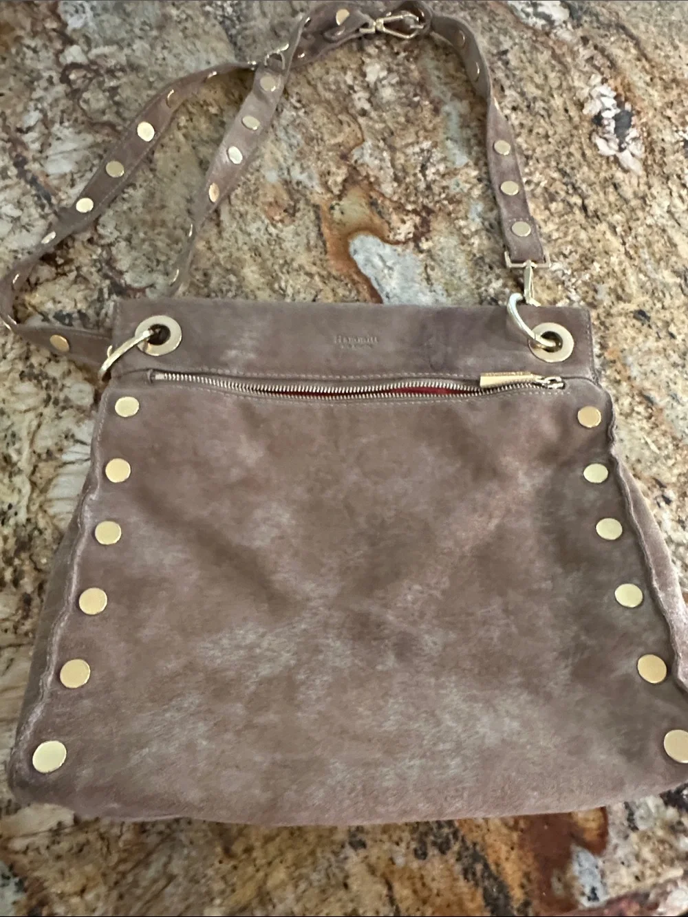 Taupe Suede Shoulder Bag with Gold Stud Accents - Women