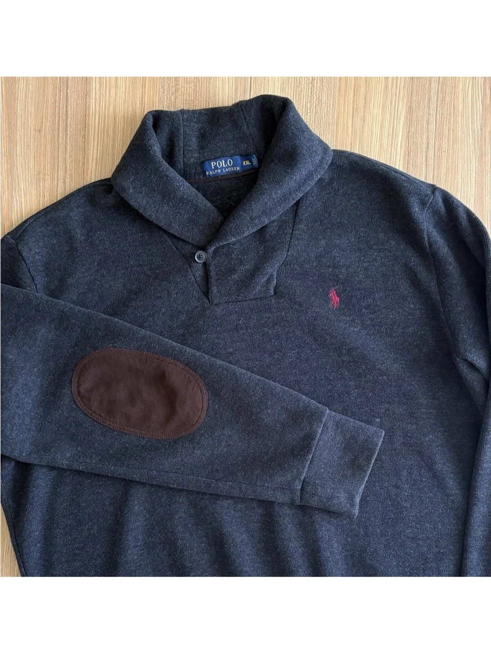 Polo Ralph Lauren Shawl Collar Elbow Patch Sweater Mens XXL Charcoal Cotton Pony
