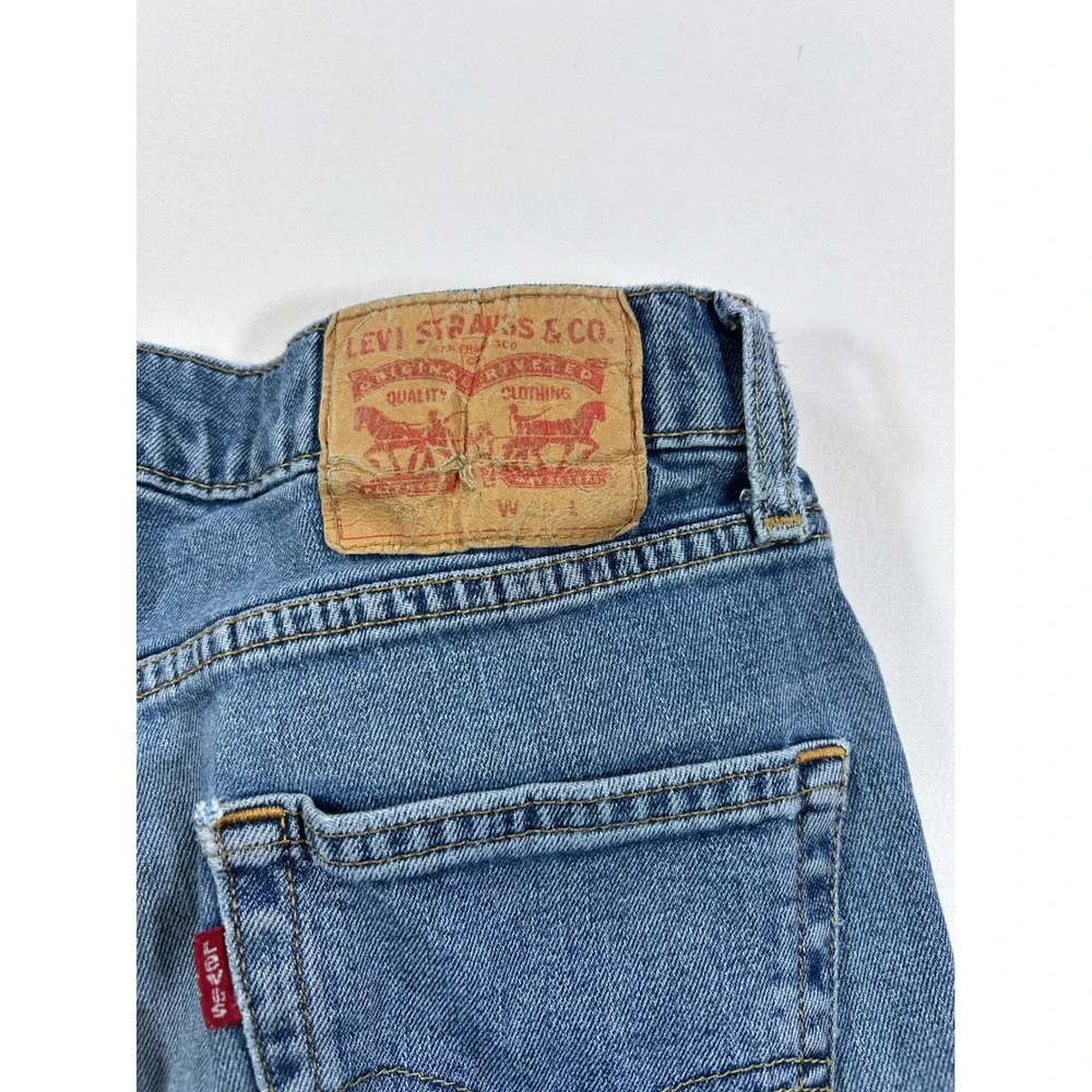Levis 514 Straight Fit Distressed Blue Jeans 29x30 Splatter Paint Blown Out Knee