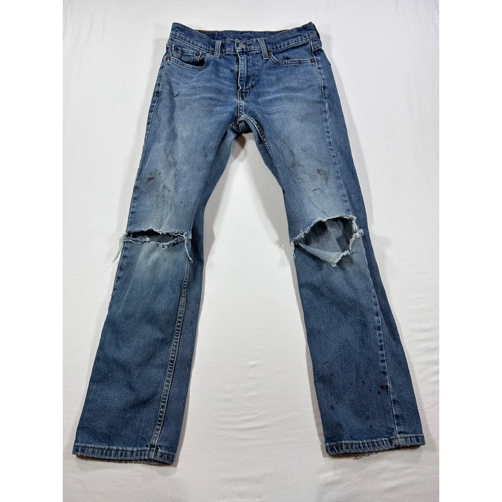 Levis 514 Straight Fit Distressed Blue Jeans 29x30 Splatter Paint Blown Out Knee