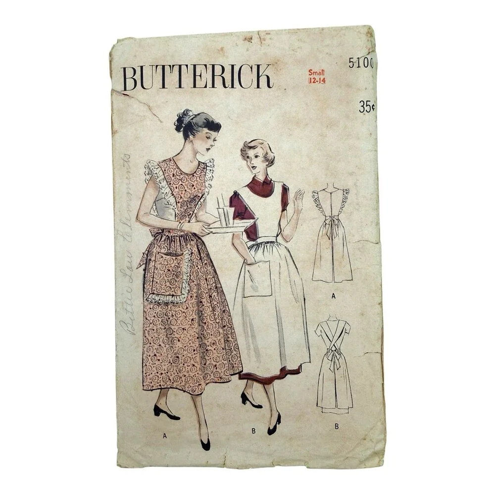 VTG 1949 Butterick Sewing Pattern Frilled/Plain Coverall Apron Small 12-14 #5100