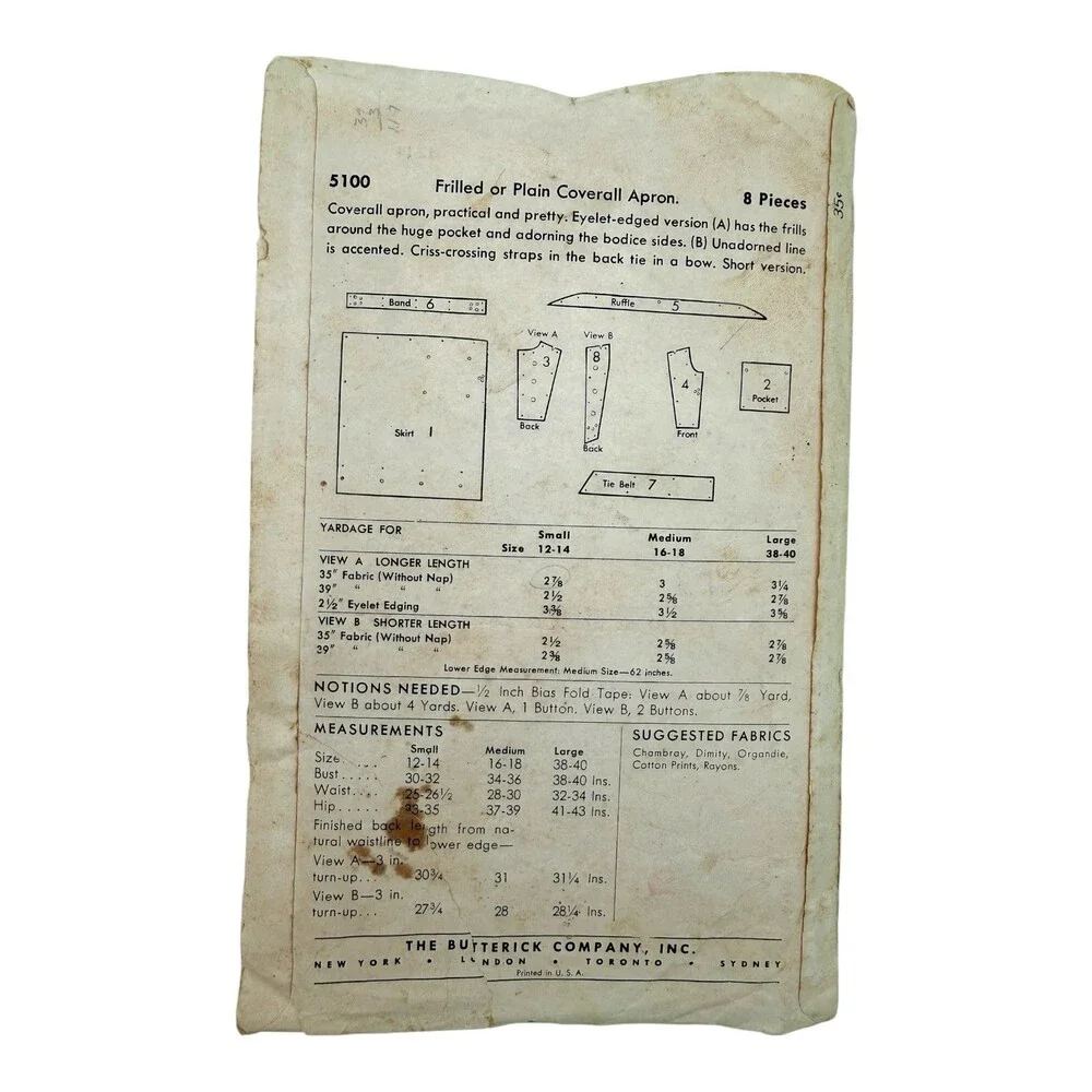 VTG 1949 Butterick Sewing Pattern Frilled/Plain Coverall Apron Small 12-14 #5100