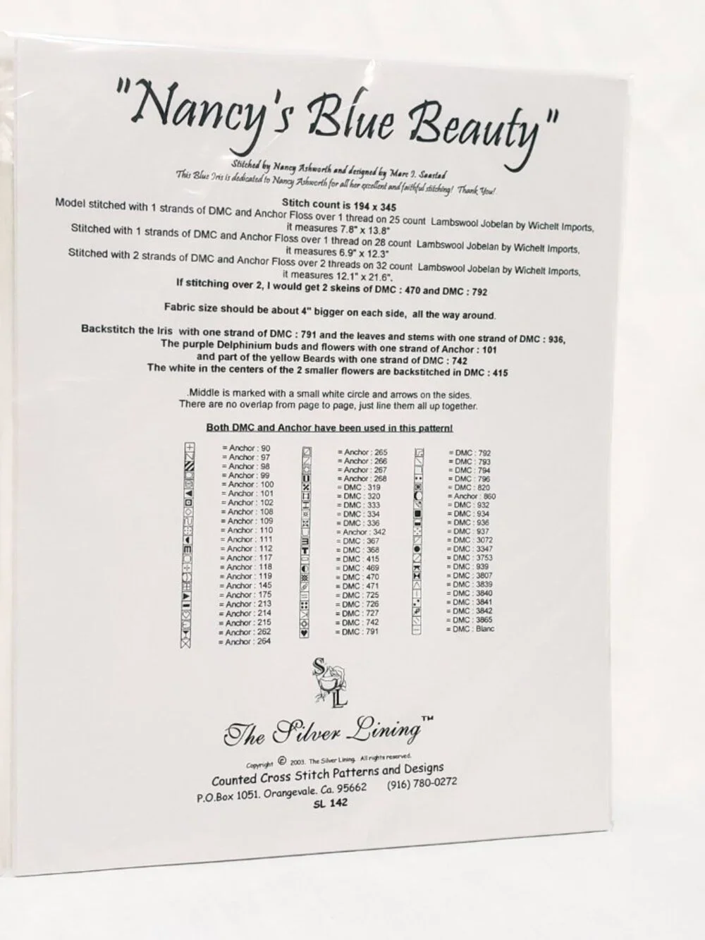 Nancy's Blue Beauty The Silver Lining Cross Stitch Pattern 2003 Marc I Saastad