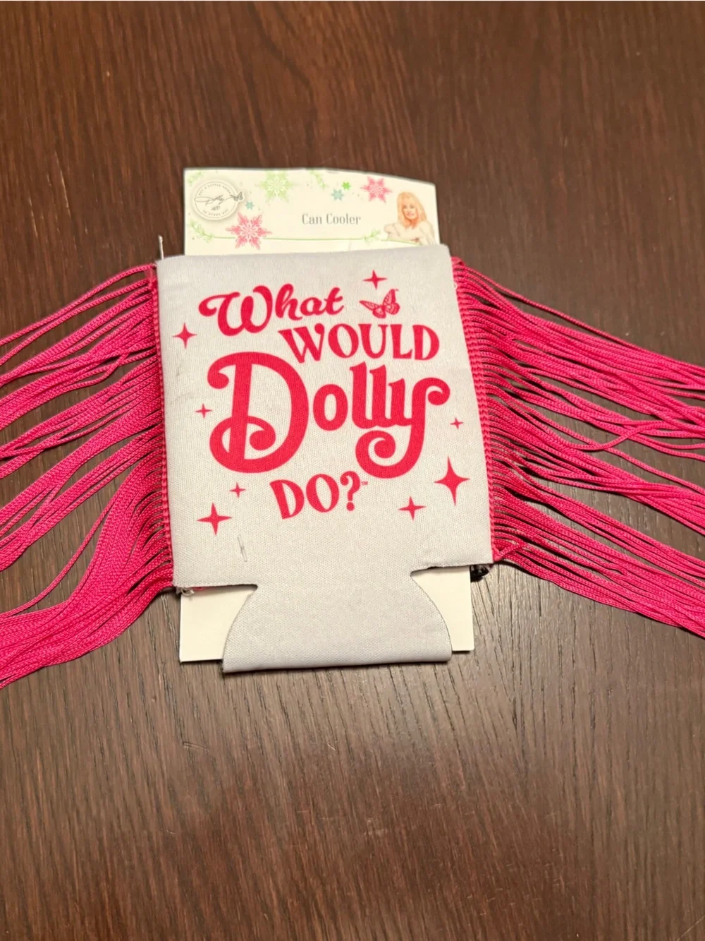 Hot Pink Fringe Can Cooler with 