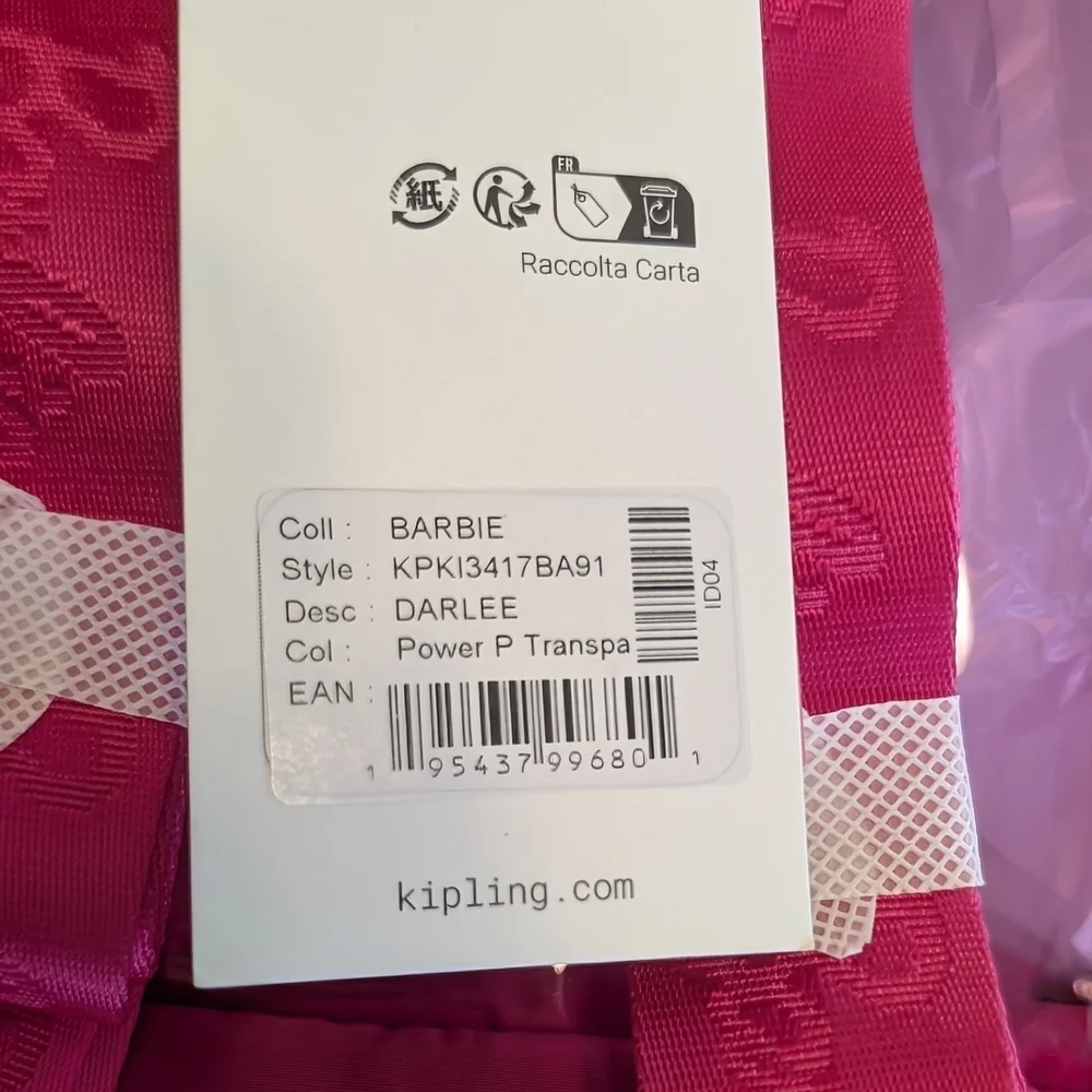 Kipling x Barbie Darlee Backpack Power Pink Transparent w/ Keychain Barbiecore
