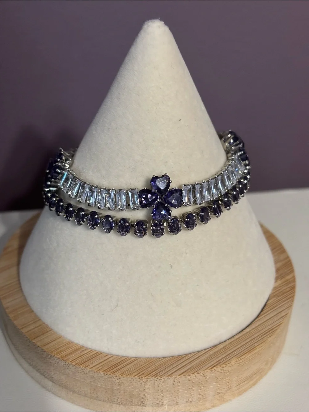 Elegant Silver Bracelet Duo with Purple Stones