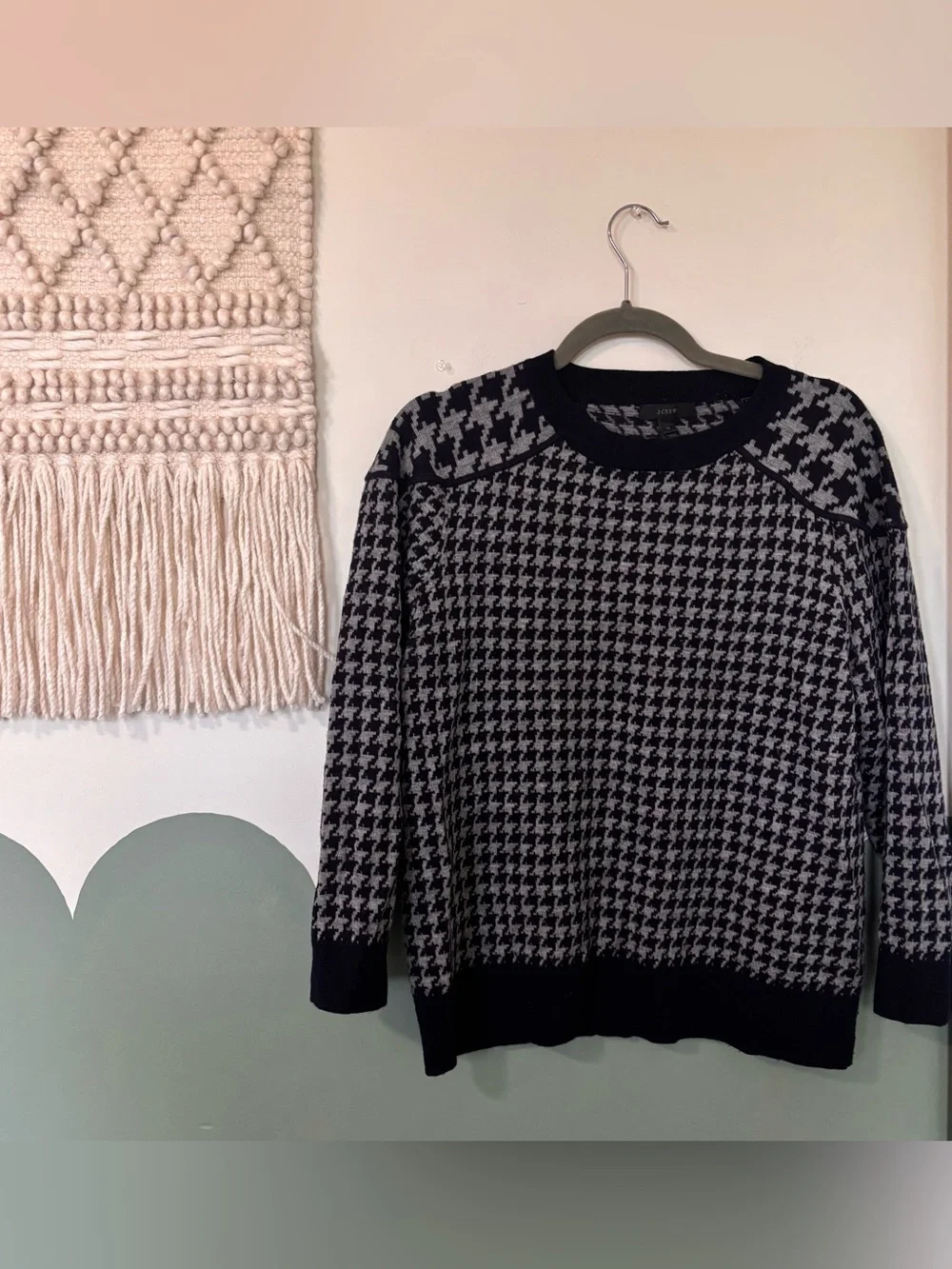 J.Crew grey & navy houndstooth Merino Wool sweater