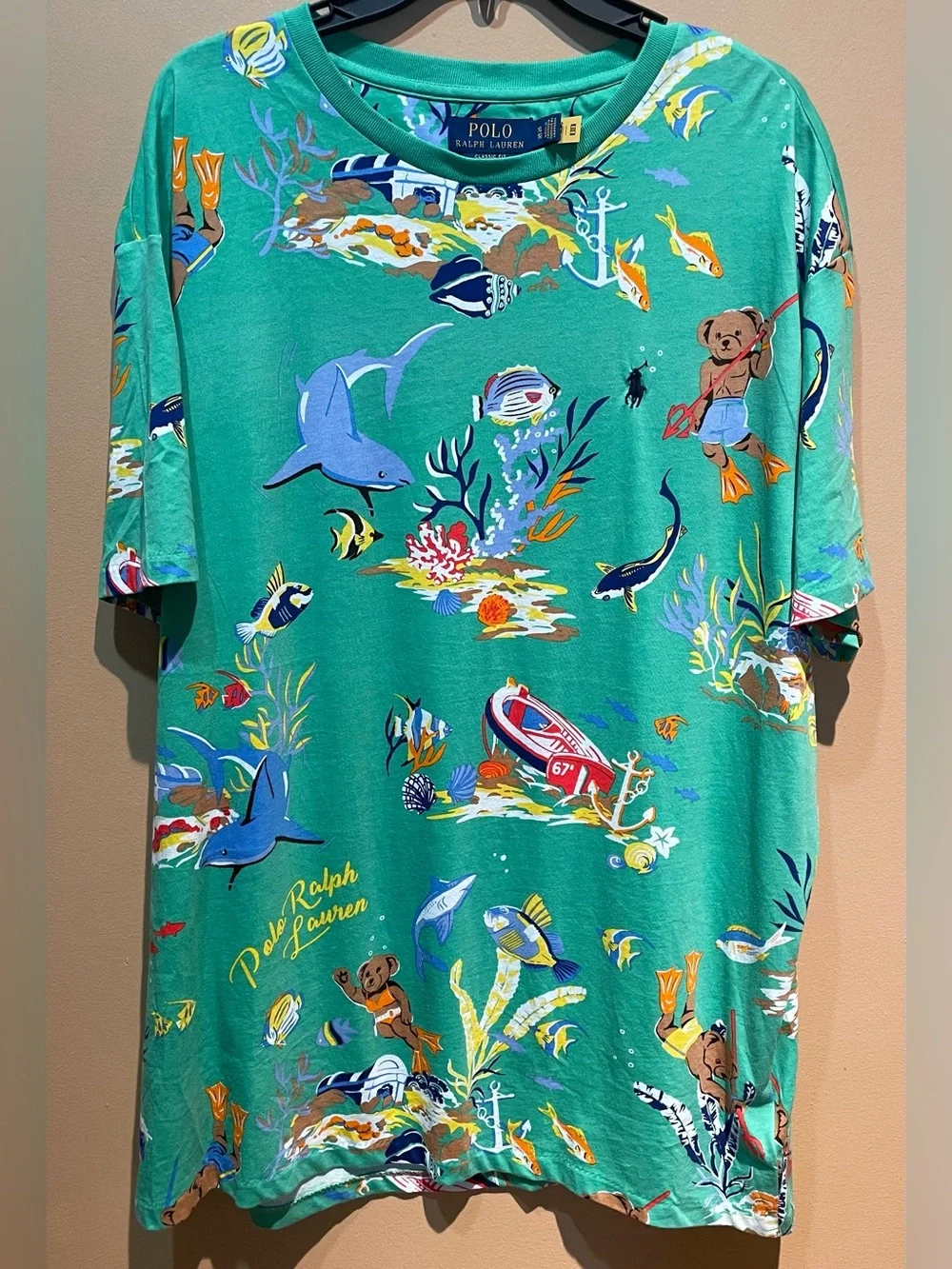 Polo Ralph Lauren Polo Bear T-Shirt XL Green Allover Print Underwater Scuba AOP